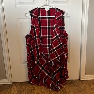 Fleece red plaid vest with fringe and pockets